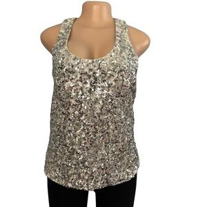 Alice and Olivia Silver Sequin Tank Top Scoop Neck Racerback